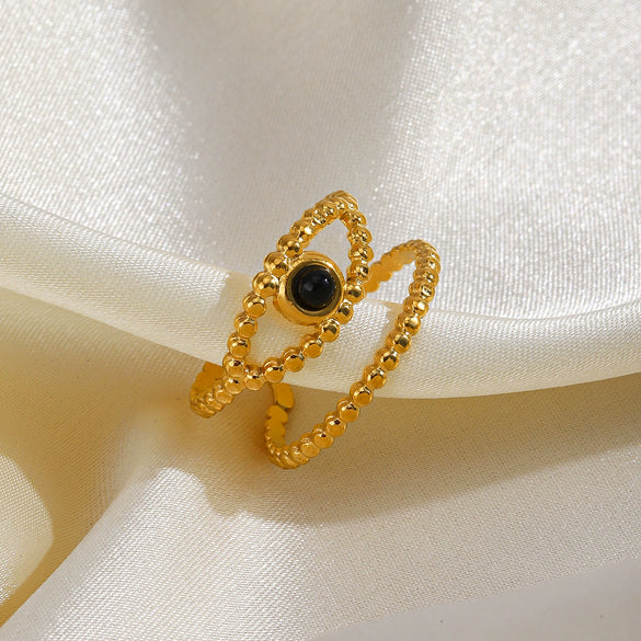 Ladies Geometric Titanium Steel Ring Inlaid With Tiger Stone Malachite Obsidian 18K Gold Plated