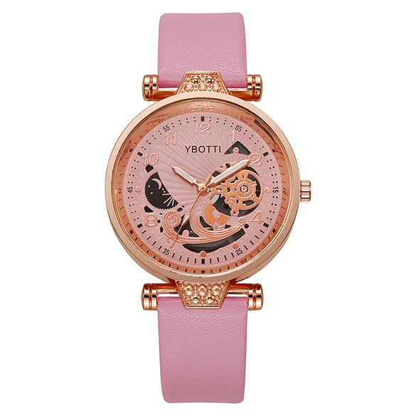 Ladies Hollow Quartz Watch Fashionable Alloy Imitation Leather Ordinary Glass Mirror Spiral Crown Pin Buckle Round Dial
