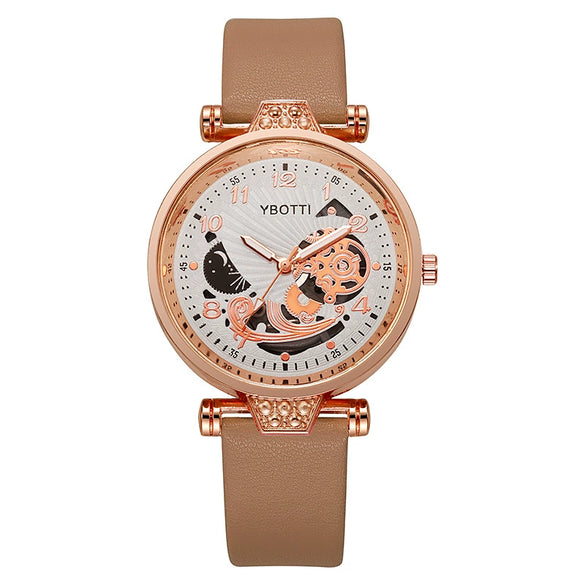 Ladies Hollow Quartz Watch Fashionable Alloy Imitation Leather Ordinary Glass Mirror Spiral Crown Pin Buckle Round Dial
