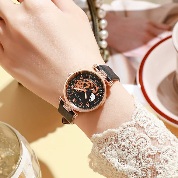 Ladies Hollow Quartz Watch Fashionable Alloy Imitation Leather Ordinary Glass Mirror Spiral Crown Pin Buckle Round Dial