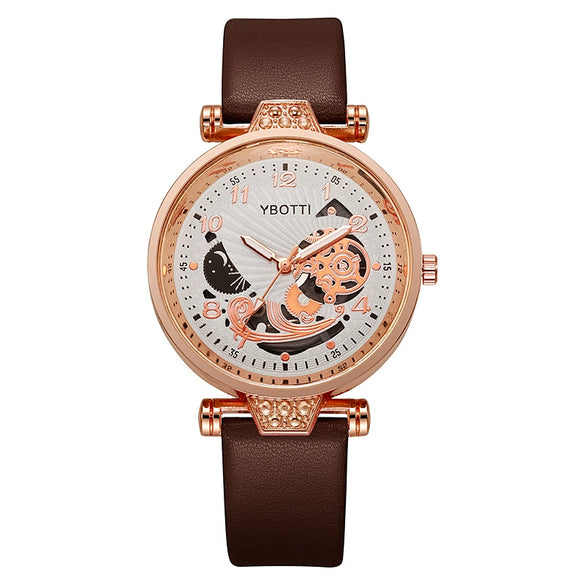 Ladies Hollow Quartz Watch Fashionable Alloy Imitation Leather Ordinary Glass Mirror Spiral Crown Pin Buckle Round Dial