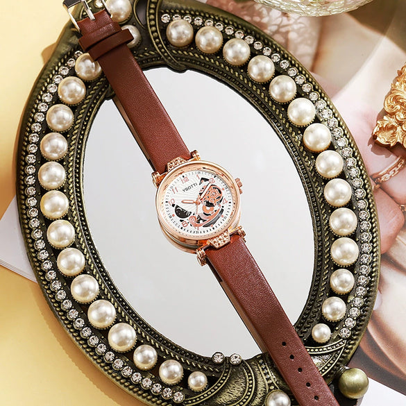 Ladies Hollow Quartz Watch Fashionable Alloy Imitation Leather Ordinary Glass Mirror Spiral Crown Pin Buckle Round Dial