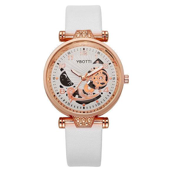 Ladies Hollow Quartz Watch Fashionable Alloy Imitation Leather Ordinary Glass Mirror Spiral Crown Pin Buckle Round Dial