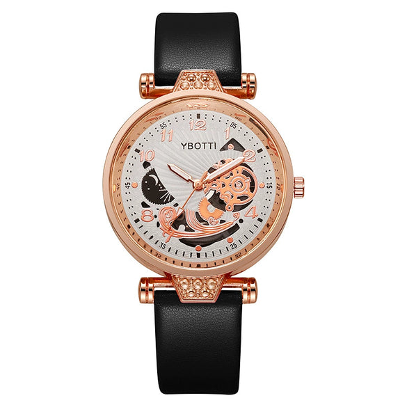 Ladies Hollow Quartz Watch Fashionable Alloy Imitation Leather Ordinary Glass Mirror Spiral Crown Pin Buckle Round Dial