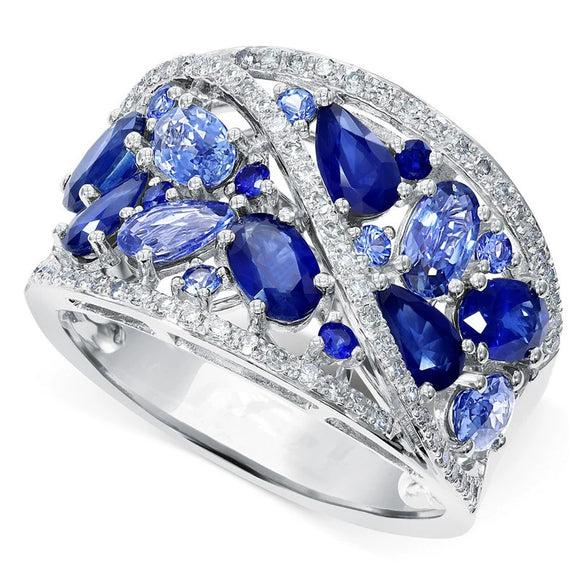 Ladies Hollow Ring Luxury Group Inlaid Blue Zircon Copper Geometric Style