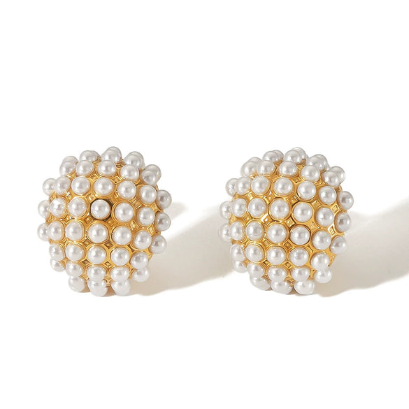 Ladies Imitation Pearl Titanium Steel Geometric Inlaid Earrings