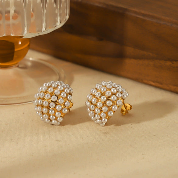 Ladies Imitation Pearl Titanium Steel Geometric Inlaid Earrings