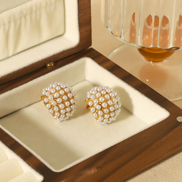 Ladies Imitation Pearl Titanium Steel Geometric Inlaid Earrings