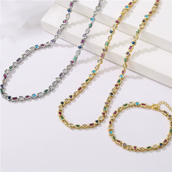Ladies Jewelry Copper Micropaved Zircon Colorful Asymmetrical Geometric Necklace Bracelet Set 18K Plated