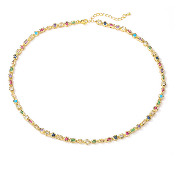 Ladies Jewelry Copper Micropaved Zircon Colorful Asymmetrical Geometric Necklace Bracelet Set 18K Plated