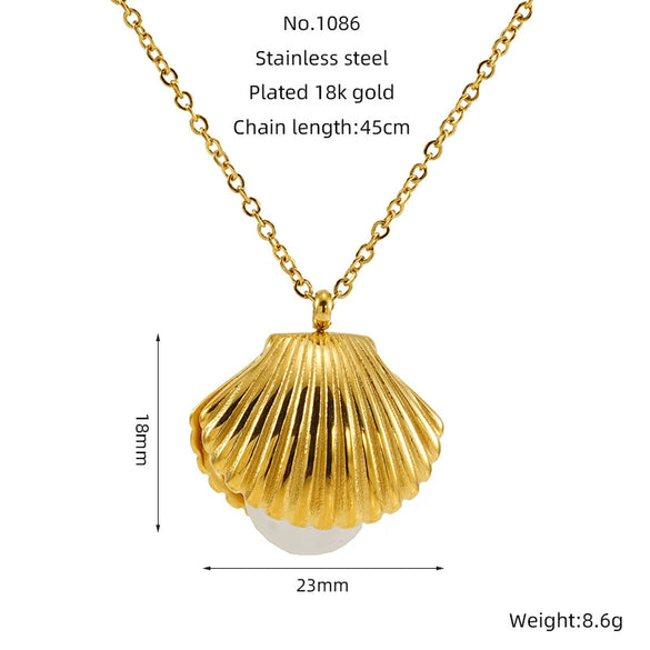 Ladies Jewelry Stainless Steel Pearl Shell Earrings And Necklace With Electroplating
