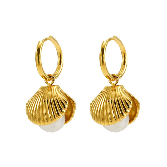 Ladies Jewelry Stainless Steel Pearl Shell Earrings And Necklace With Electroplating