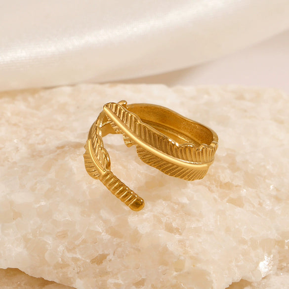 Ladies Leaf Pattern Stainless Steel Electroplated Open Adjustable Ring