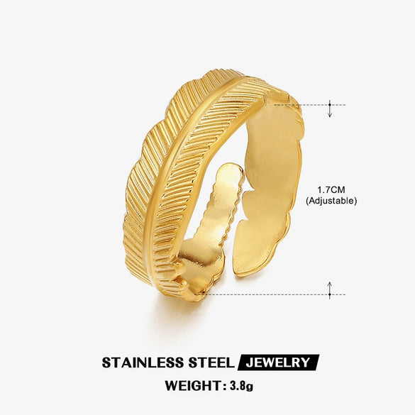 Ladies Leaf Pattern Stainless Steel Electroplated Open Adjustable Ring
