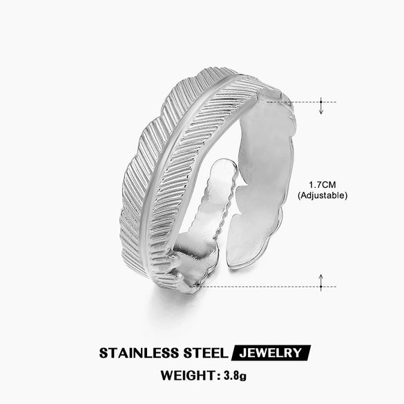 Ladies Leaf Pattern Stainless Steel Electroplated Open Adjustable Ring