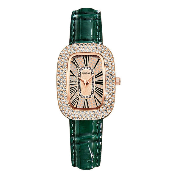 Ladies Leisure Alloy Case Imitation Leather Strap Round Egg Dial Rhinestone Watch