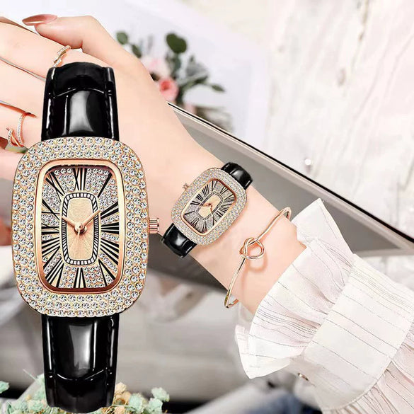 Ladies Leisure Alloy Case Imitation Leather Strap Round Egg Dial Rhinestone Watch