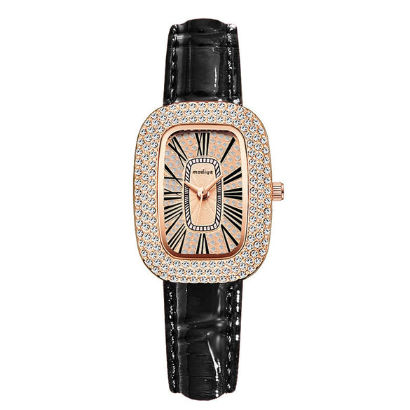 Ladies Leisure Alloy Case Imitation Leather Strap Round Egg Dial Rhinestone Watch