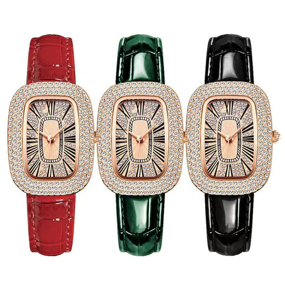 Ladies Leisure Alloy Case Imitation Leather Strap Round Egg Dial Rhinestone Watch