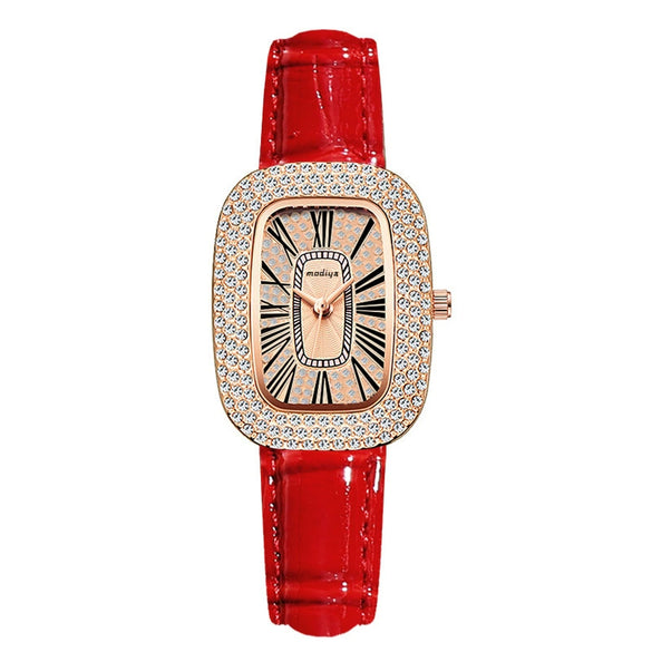 Ladies Leisure Alloy Case Imitation Leather Strap Round Egg Dial Rhinestone Watch