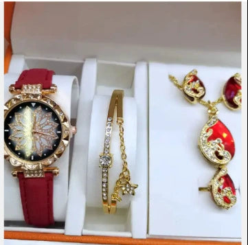 Ladies Leisure Alloy Quartz Watch And Pu Strap Jewelry Set With Round Dial Including Bracelet Ring Earrings And Necklace
