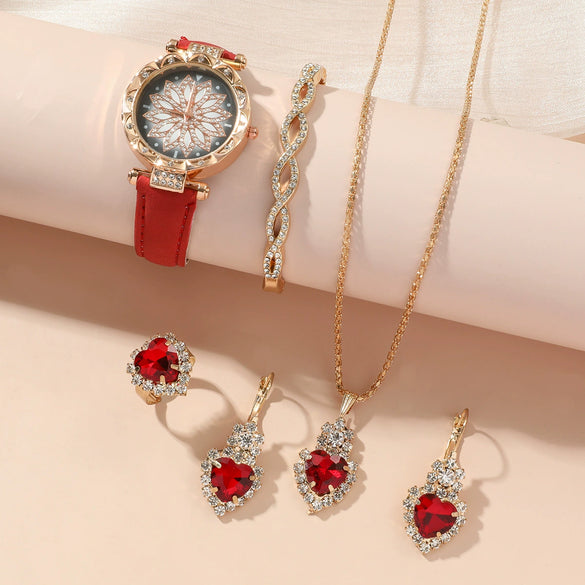 Ladies Leisure Alloy Quartz Watch And Pu Strap Jewelry Set With Round Dial Including Bracelet Ring Earrings And Necklace