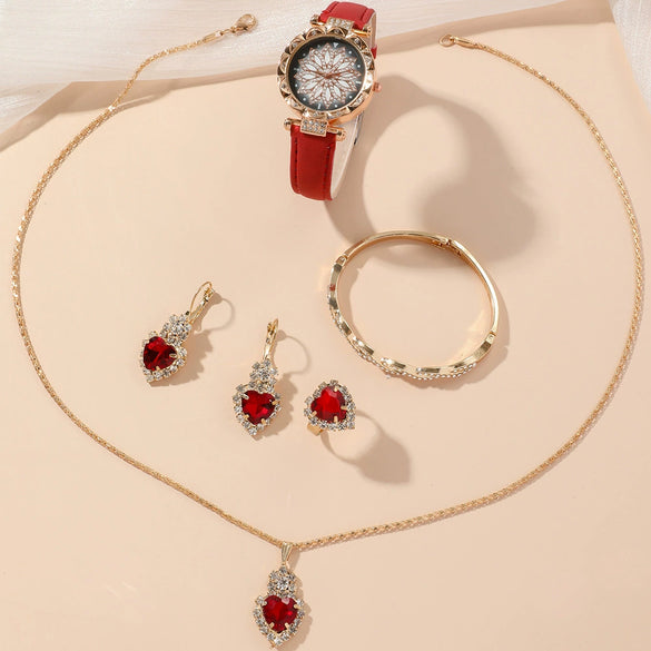 Ladies Leisure Alloy Quartz Watch And Pu Strap Jewelry Set With Round Dial Including Bracelet Ring Earrings And Necklace