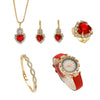 Ladies Leisure Alloy Quartz Watch And Pu Strap Jewelry Set With Round Dial Including Bracelet Ring Earrings And Necklace