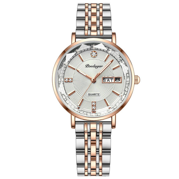 Ladies Leisure Alloy Watch With Double Calendar And Round Dial
