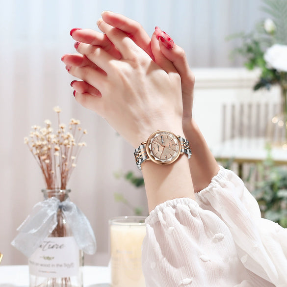 Ladies Leisure Alloy Watch With Double Calendar And Round Dial