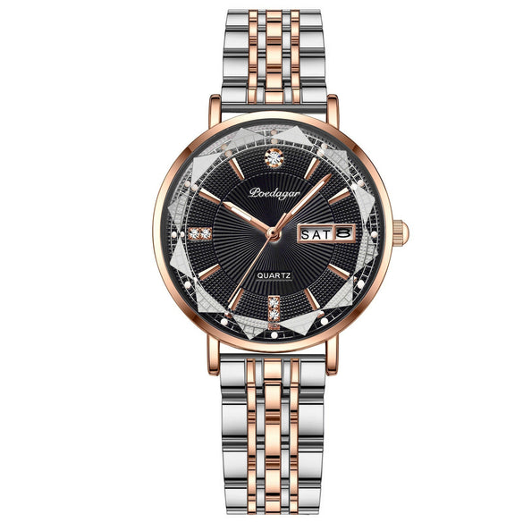 Ladies Leisure Alloy Watch With Double Calendar And Round Dial
