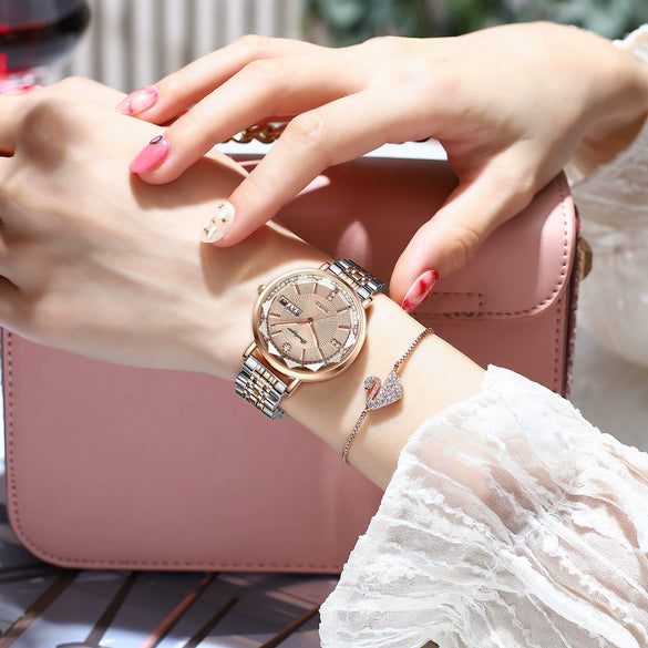 Ladies Leisure Alloy Watch With Double Calendar And Round Dial