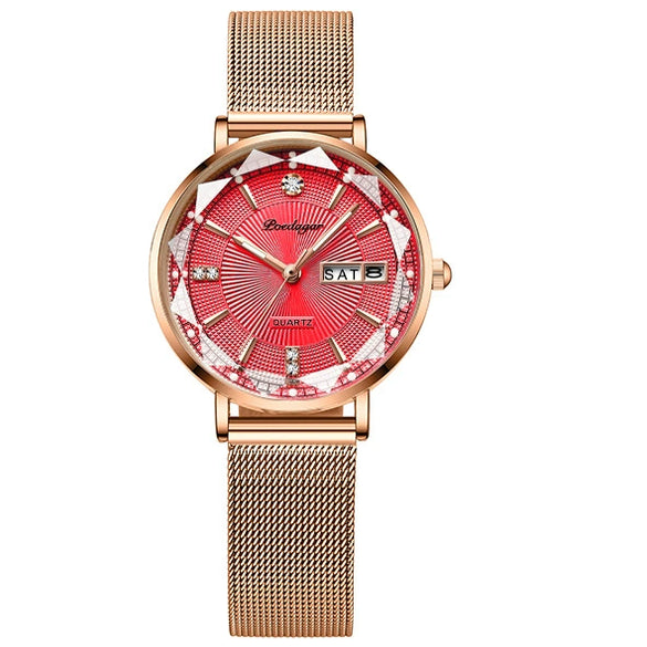 Ladies Leisure Alloy Watch With Double Calendar And Round Dial