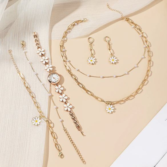 Ladies Leisure 5 Piece Set With Alloy Chain And Strap Round Dial English Watch And Flower Pendant