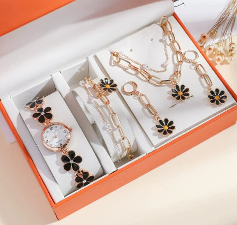 Ladies Leisure 5 Piece Set With Alloy Chain And Strap Round Dial English Watch And Flower Pendant