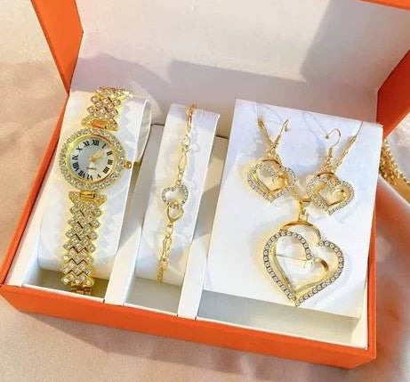 Ladies Leisure 5 Piece Set With Alloy Chain And Strap Round Dial English Watch And Flower Pendant