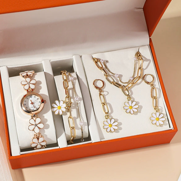 Ladies Leisure 5 Piece Set With Alloy Chain And Strap Round Dial English Watch And Flower Pendant