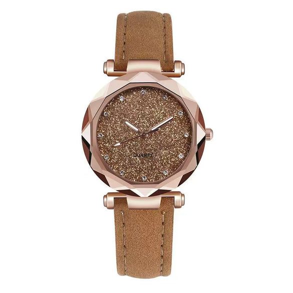 Ladies Leisure Quartz Watch With Alloy Case Imitation Leather Strap Round Dial And Starry Sky Silver Powder Pattern