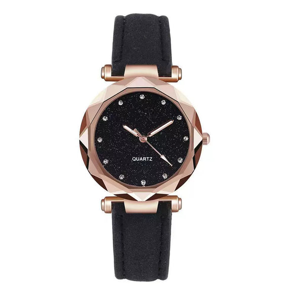 Ladies Leisure Quartz Watch With Alloy Case Imitation Leather Strap Round Dial And Starry Sky Silver Powder Pattern