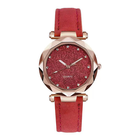 Ladies Leisure Quartz Watch With Alloy Case Imitation Leather Strap Round Dial And Starry Sky Silver Powder Pattern