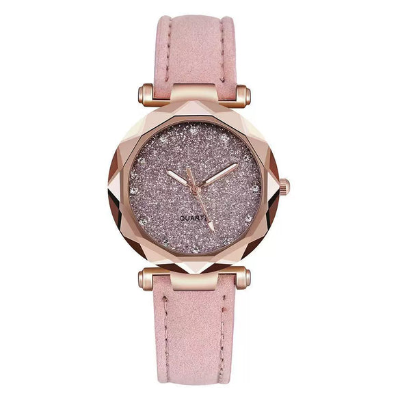 Ladies Leisure Quartz Watch With Alloy Case Imitation Leather Strap Round Dial And Starry Sky Silver Powder Pattern