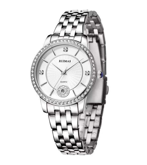 Ladies Leisure Waterproof Quartz Watch With Alloy Case And Stainless Steel Strap And Buckle Round Dial Mineral Reinforced Glass Mirror