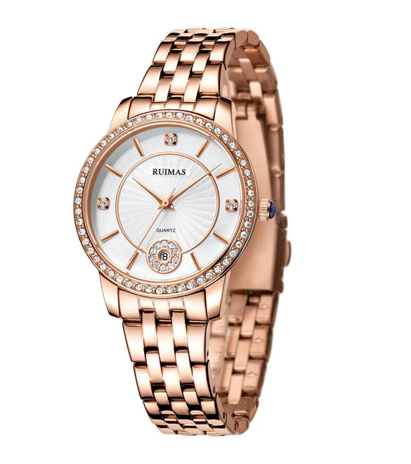 Ladies Leisure Waterproof Quartz Watch With Alloy Case And Stainless Steel Strap And Buckle Round Dial Mineral Reinforced Glass Mirror