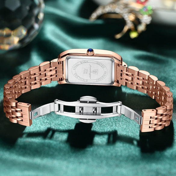 Ladies Leisure Waterproof Quartz Watch With Rectangular Dial Stainless Steel Band And Alloy Body
