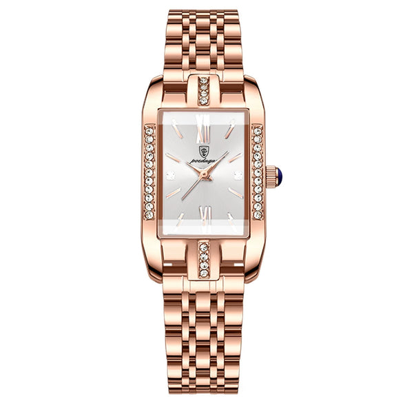 Ladies Leisure Waterproof Quartz Watch With Rectangular Dial Stainless Steel Band And Alloy Body