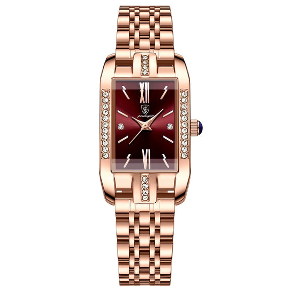 Ladies Leisure Waterproof Quartz Watch With Rectangular Dial Stainless Steel Band And Alloy Body