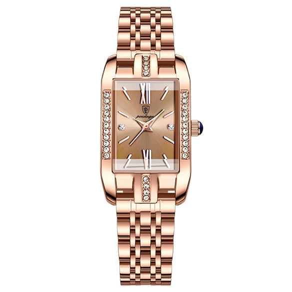 Ladies Leisure Waterproof Quartz Watch With Rectangular Dial Stainless Steel Band And Alloy Body