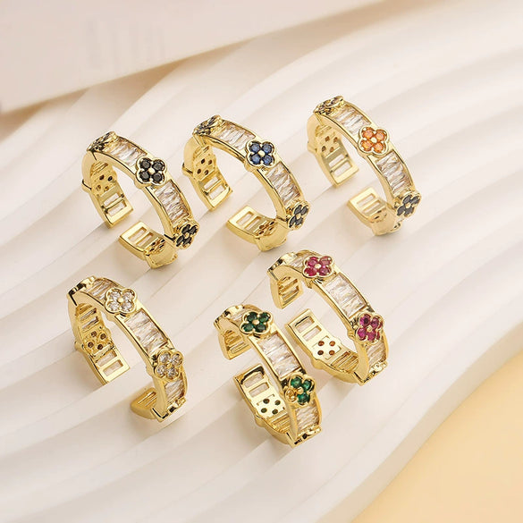 Ladies Light Luxury Copper Four Leaf Clover Flower Petal Open Ring With Zirconia