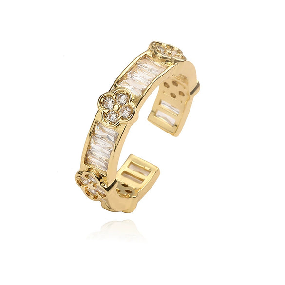 Ladies Light Luxury Copper Four Leaf Clover Flower Petal Open Ring With Zirconia