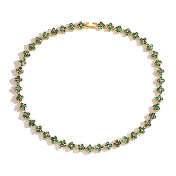 Ladies Light Luxury Copper Jewelry Set With 18K Gold Plated Four Leaf Clover Pattern And Inlaid Colored Diamond And Zirconia For Necklace And Bracelet